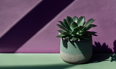  a plant in a pot on a table in front of a purple and green wall with a shadow of a plant on the floor in front of the pot.  generative ai