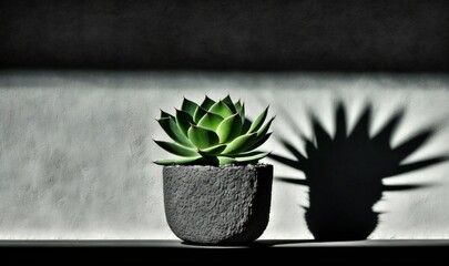  a small green plant sitting in a pot on top of a table next to a shadow of a building on the wall behind it,.  generative ai