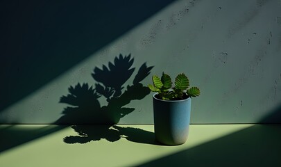  a plant casts a shadow on the wall of a potted plant on a green surface with a shadow cast on the wall behind it.  generative ai