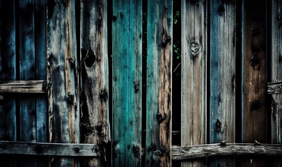  a close up of a wooden fence with blue paint on the wood and a green paint on the door handle of the fence and the door.  generative ai