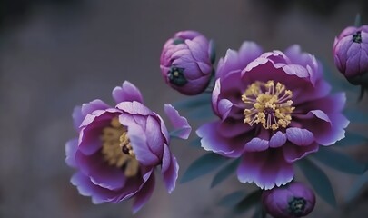  a group of purple flowers sitting on top of a green leaf covered tree branch in front of a gray background with yellow stamene.  generative ai