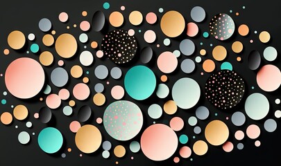  a black background with a lot of different colored circles and dots on the side of the wall and a black background with a lot of different colored dots on the wall.  generative ai