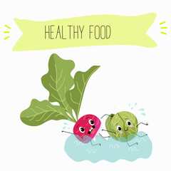 Illustration with funny characters cabbage, brussels, sprouts, radish   Funny and healthy food. Vitamins, cute face food, ingredients, vegetarian, vector cartoon, agriculture, raw.