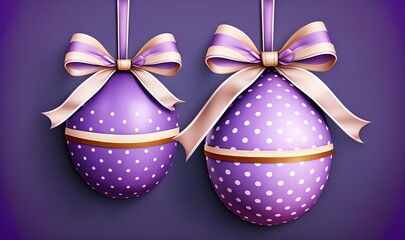  two decorated easter eggs with a bow on a purple background with a purple background and a white polka dot pattern with a gold stripe and gold border.  generative ai