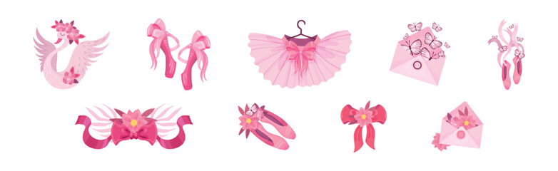 Ballet Accessories with Swan, Bow, Tutu Skirt, Flower and Pointe-shoes Vector Set