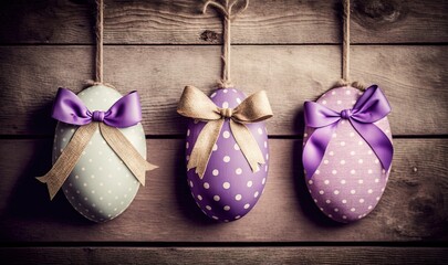  three decorated easter eggs hanging on a string on a wooden wall with a bow on the top of one of them and a ribbon on the bottom of the egg.  generative ai