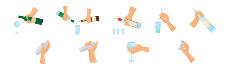 Bartender Hands Pouring and Mixing Cocktails in Glass Vector Set