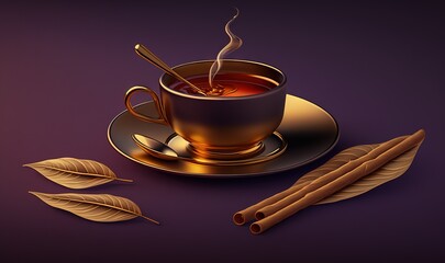  a cup of tea with a spoon and two cinnamon sticks on a saucer with a leaf on a purple background with a purple background.  generative ai