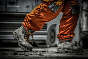 Worker wearing protective shoes at construction site. Working safety boots for protection accident in factory. Created with Generative AI - obrazy, fototapety, plakaty