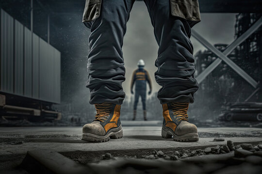 Worker wearing protective shoes at construction site. Working safety boots for protection accident in factory. Created with Generative AI