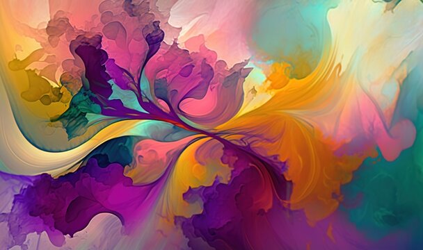  an abstract painting of a colorful flower on a white background with a blue, yellow, pink, and green flower in the center of the image.  generative ai