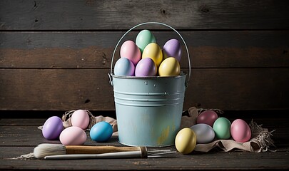  a bucket full of colorful eggs sitting on a wooden floor next to a brush and a paintbrush on the floor next to a wooden wall.  generative ai
