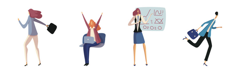 Business Woman Character and Office Employee at Laptop, Running and Showing Presentation Vector Set
