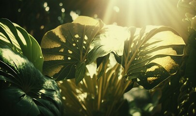  the sun shines brightly through the leaves of a tropical plant in a forest setting, with green foliage in the foreground, and the sun shining through the leaves on the ground.  generative ai