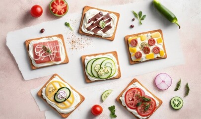 a table topped with slices of bread covered in veggies and cucumber slices on top of each other next to sliced tomatoes and cucumbers.  generative ai