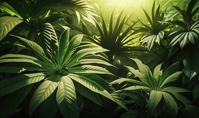  a lush green forest filled with lots of plants and plants growing on top of each other in the sunbeams of a sunny day.  generative ai