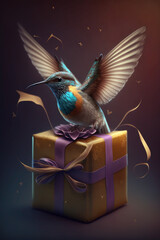 Obraz premium bird flies over gift boxes. gift boxes with golden ribbon and bow. birthday celebration concept. ai generative.