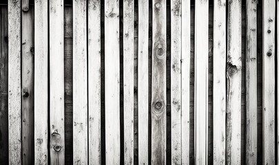  a black and white photo of a wooden fence with vertical slats on the side of it, with a bench in front of it.  generative ai