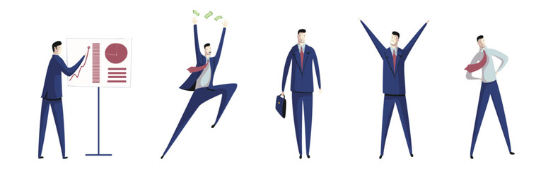 Business Man Character and Office Employee Engaged in Different Activity Vector Set
