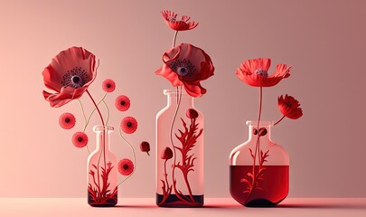 three vases with red flowers in them on a pink background with a pink background and a pink background with a pink background and a pink background.  generative ai