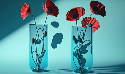  three vases with red flowers in them on a blue background with a shadow of a person's head on the vase and a shadow of a person's head.  generative ai