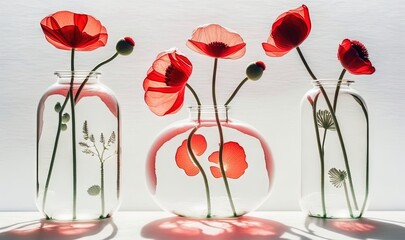  three vases with red flowers in them on a white surface with a shadow of the vase on the wall behind them and a shadow of the vase on the wall.  generative ai