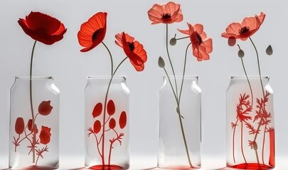  three vases with red flowers in them on a white surface with a shadow of the flowers in the vase on the left and the right side of the vase.  generative ai
