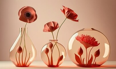  a group of three vases with flowers in them sitting on a table top next to each other on a light colored surface with a pink background.  generative ai