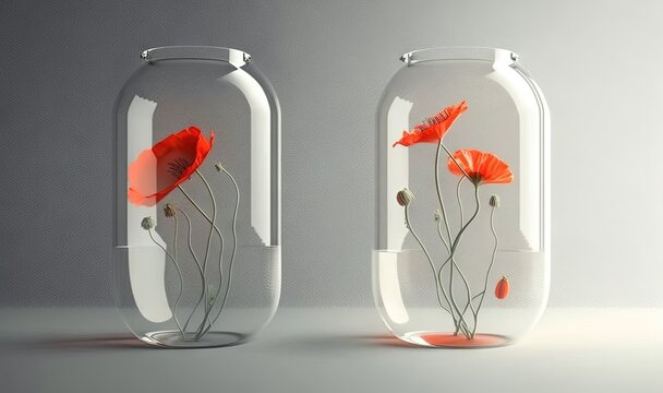  two vases with red flowers inside of them on a gray surface with a white border around the vase and bottom half of the vase.  generative ai