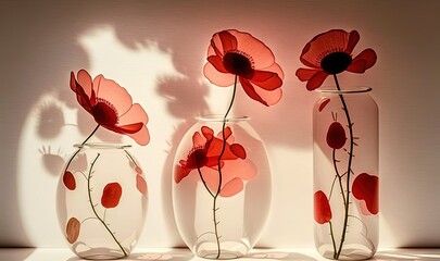  three vases with red flowers in them on a table with a shadow cast on the wall behind them and a white wall behind them.  generative ai