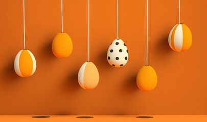  a group of eggs hanging from a string on an orange wall with polka dot dot dots on the top of the eggs and a polka dot dot dot dot dot on the bottom.  generative ai
