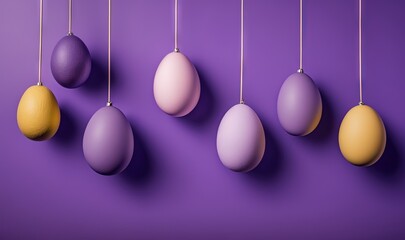  a group of eggs hanging from a line on a purple background with a purple background and a yellow one in the middle of the row.  generative ai