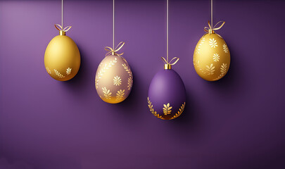  a group of three eggs hanging from a line on a purple wall with gold trimmings and a gold bow on the top of each egg.  generative ai