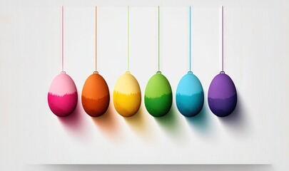  a group of colorful eggs hanging from a line of strings on a white wall with a shadow of the eggs on the wall behind them.  generative ai