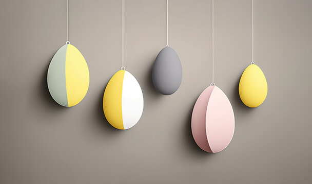  a group of three eggs hanging from a line on a gray wall next to a gray wall with a yellow and gray egg hanging from a string.  generative ai