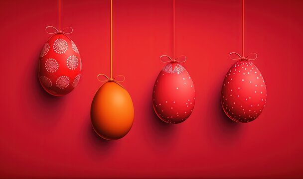  three red and one orange easter eggs hanging on a red background with a string of string and a red background with a white dotted egg.  generative ai