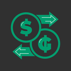 Obraz premium Vector illustration. Currency exchange. Money conversion. Dollar to guarani icon isolated black green color. Dollar to Guarani exchange icon with arrow. Guarani to usd PYG 