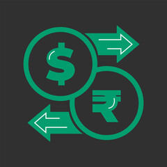 Vector currency exchange. Money conversion. Rupee to dollar icon isolated on white background. Dollar to rupee exchange icon with arrow USD INR