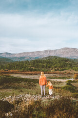 Mother and child walking outdoor explore Rhodes island nature family lifestyle travel together vacations in Greece woman parent hiking with daughter