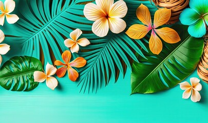  a blue background with tropical flowers and palm leaves on a blue background with a place for a text or a picture of a palm tree.  generative ai