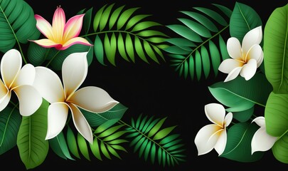  a set of tropical flowers and leaves on a black background with a place for the text in the center of the image is a set of flowers and leaves on a black background.  generative ai