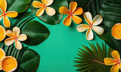  a green background with yellow and white flowers and palm leaves on the bottom of the image is a green background with yellow and white flowers and green leaves.  generative ai