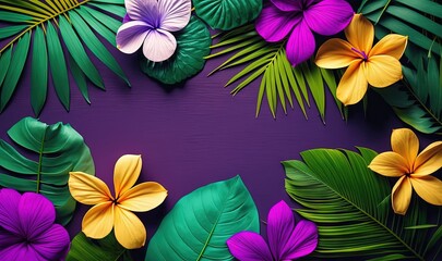  a bunch of flowers and leaves on a purple background with a place for a name on the bottom of the image and a place for the bottom of the image.  generative ai