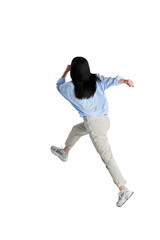 Fototapeta na wymiar Top isometric back view. Young girl in shirt and jeans running forward isolated over white studio background. Motivation. Concept of business, employment, education. lifestyle. Copy space for ad