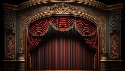 Retro theater stage with red curtains and spotlights, Generative AI scene background