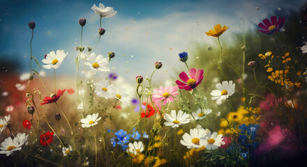 Obraz na płótnie Canvas Blooming wild flower meadow, Generative AI spring background 