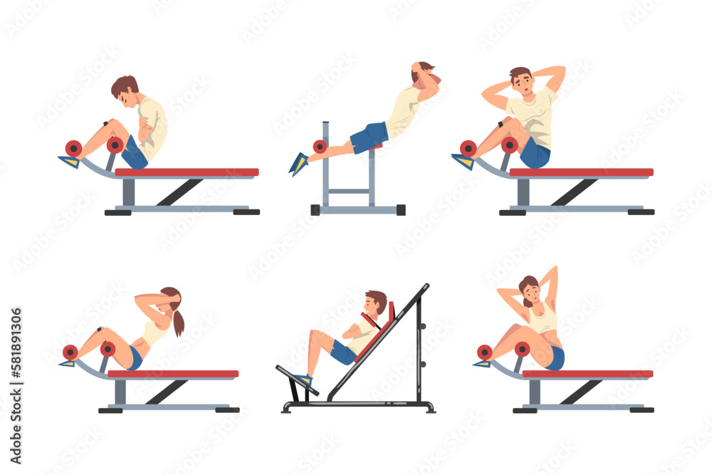 Canvas Prints man and woman at gym training with sport machine vector set