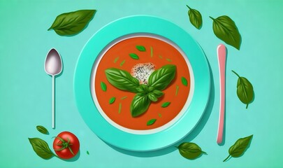  a bowl of tomato soup with basil leaves and a spoon on a blue plate with a spoon and spoon rest on a green background with leaves.  generative ai