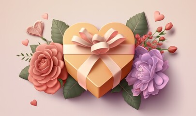  a heart shaped box with a bow and flowers on a pink background with hearts and leaves around it and a bow on the top of the box.  generative ai