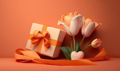  a gift box with a bow and a bouquet of tulips with a ribbon on an orange background with a bow and a gift box.  generative ai